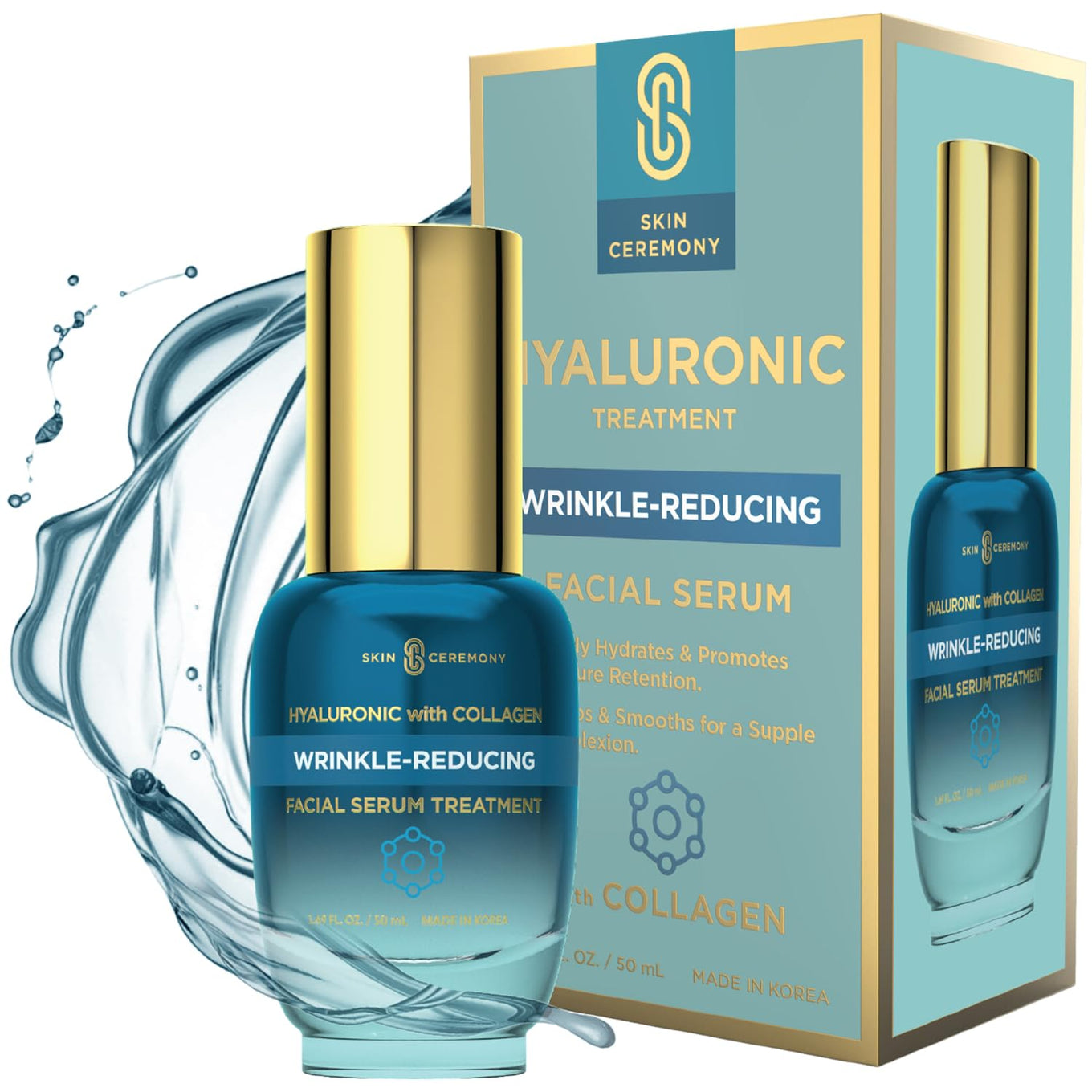 Hyaluronic Acid & Collagen Wrinkle Reducing Serum - Deep Hydration, Plumps & Smooths Skin - Dermatologist Tested, Clean Beauty, Korean Skin Care