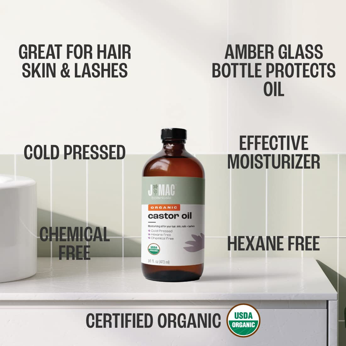 Organic Castor Oil Cold Pressed (Glass Bottle ) Pure Unrefined, Hexane Free for Face, Skin, Eyelashes, Pack Wraps, Pads